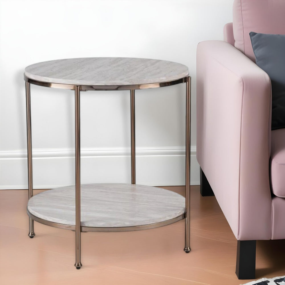 HomeRoots 24" Champagne Round End Table - Modern Faux Marble Top with Iron Frame & Lower Shelf for Storage 402485
