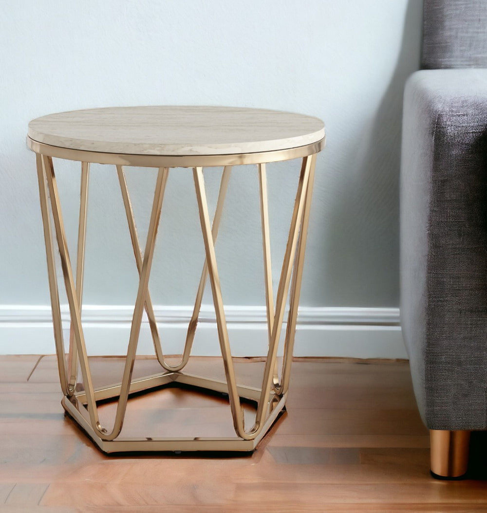 HomeRoots 23" Champagne Round End Table - Chic Art Deco-Inspired Design for Small Spaces & Modern Living 402486