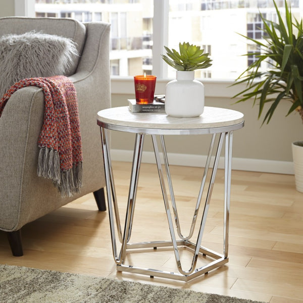 HomeRoots 23" Chic Silver Round End Table with Geometric Iron Base - Ideal for Modern Spaces & Versatile Use 402487