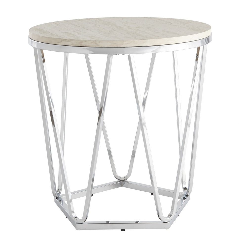 HomeRoots 23" Chic Silver Round End Table with Geometric Iron Base - Ideal for Modern Spaces & Versatile Use 402487