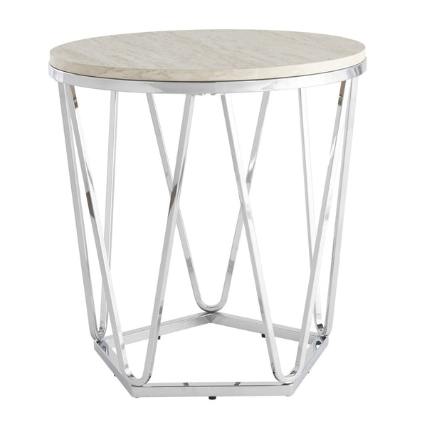 HomeRoots 23" Chic Silver Round End Table with Geometric Iron Base - Ideal for Modern Spaces & Versatile Use 402487