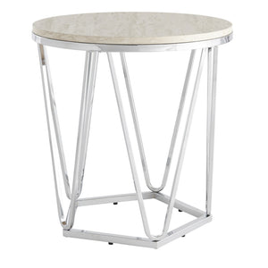 HomeRoots 23" Chic Silver Round End Table with Geometric Iron Base - Ideal for Modern Spaces & Versatile Use 402487