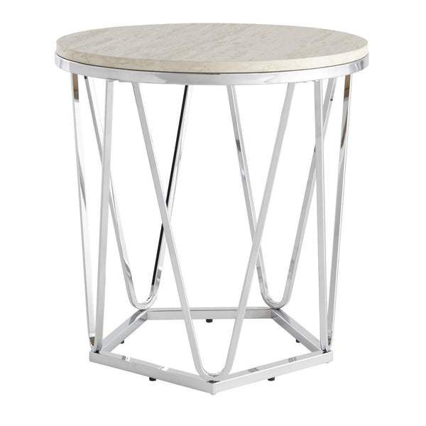 HomeRoots 23" Chic Silver Round End Table with Geometric Iron Base - Ideal for Modern Spaces & Versatile Use 402487
