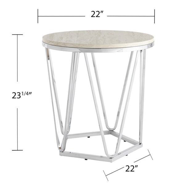 HomeRoots 23" Chic Silver Round End Table with Geometric Iron Base - Ideal for Modern Spaces & Versatile Use 402487