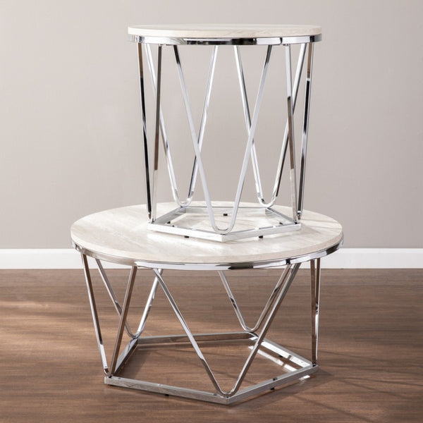 HomeRoots 23" Chic Silver Round End Table with Geometric Iron Base - Ideal for Modern Spaces & Versatile Use 402487