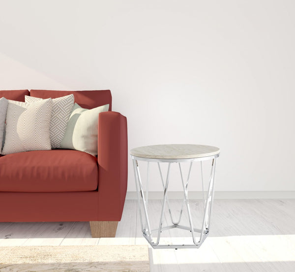 HomeRoots 23" Chic Silver Round End Table with Geometric Iron Base - Ideal for Modern Spaces & Versatile Use 402487