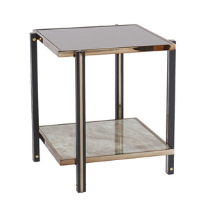 HomeRoots 24" Chic Champagne Glass End Table with Mirrored Surface & Shelf for Modern Living Spaces 402492