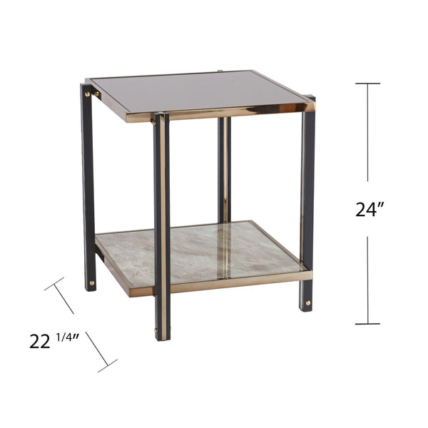 HomeRoots 24" Chic Champagne Glass End Table with Mirrored Surface & Shelf for Modern Living Spaces 402492