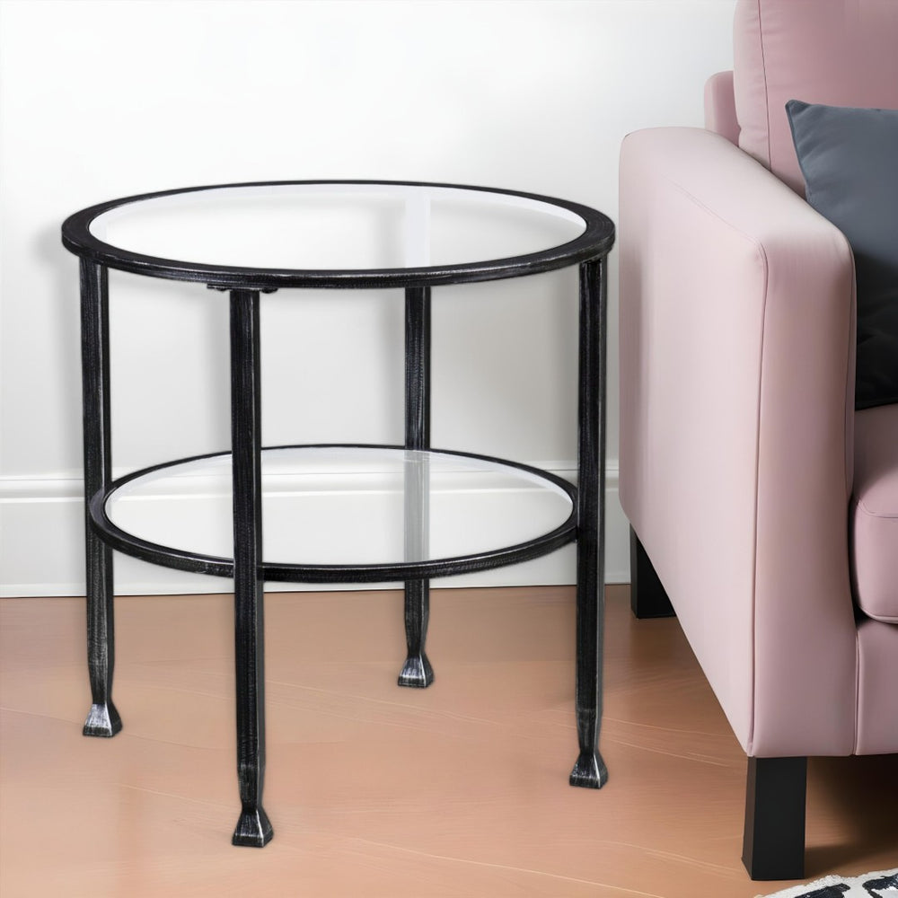 HomeRoots 24" Sleek Black Glass and Iron Round End Table - Modern Accent for Living Room or Bedroom Décor 402496