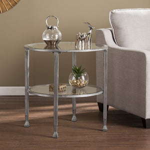Homeroots 24" Silver And Clear Glass And Distressed Iron Round End Table With Shelf   402497