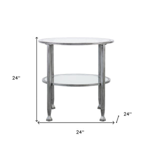 Homeroots 24" Silver And Clear Glass And Distressed Iron Round End Table With Shelf   402497