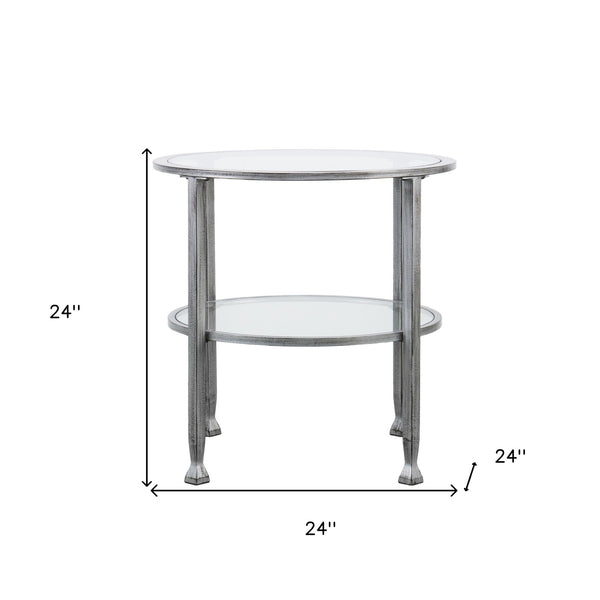 Homeroots 24" Silver And Clear Glass And Distressed Iron Round End Table With Shelf   402497