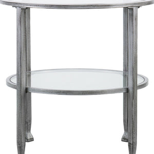Homeroots 24" Silver And Clear Glass And Distressed Iron Round End Table With Shelf   402497