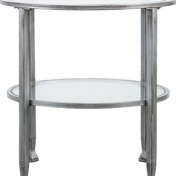 Homeroots 24" Silver And Clear Glass And Distressed Iron Round End Table With Shelf   402497