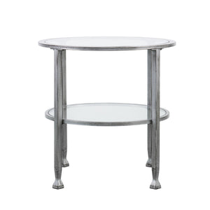 Homeroots 24" Silver And Clear Glass And Distressed Iron Round End Table With Shelf   402497