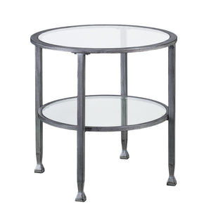Homeroots 24" Silver And Clear Glass And Distressed Iron Round End Table With Shelf   402497