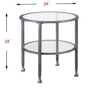 Homeroots 24" Silver And Clear Glass And Distressed Iron Round End Table With Shelf   402497
