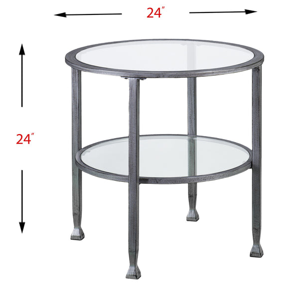 Homeroots 24" Silver And Clear Glass And Distressed Iron Round End Table With Shelf   402497