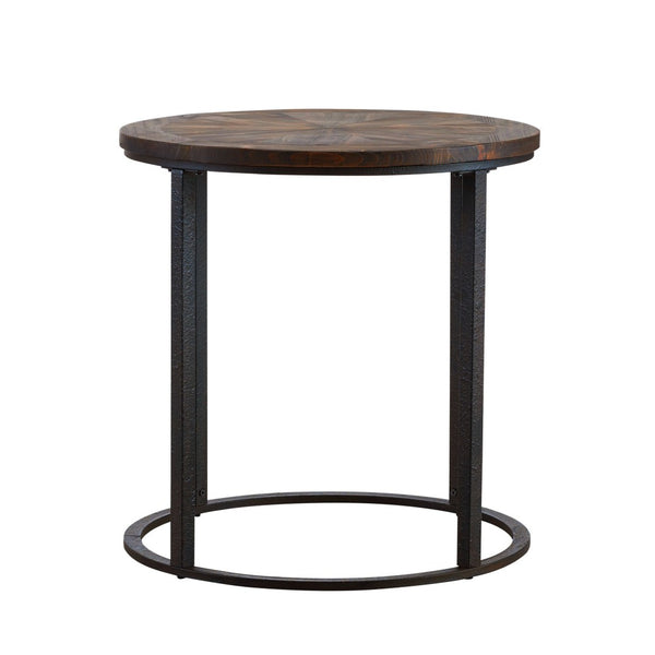 HomeRoots 24" Rustic Round End Table - Natural Wood & Industrial Iron Base with Unique Sunburst Design for Any Space 402499