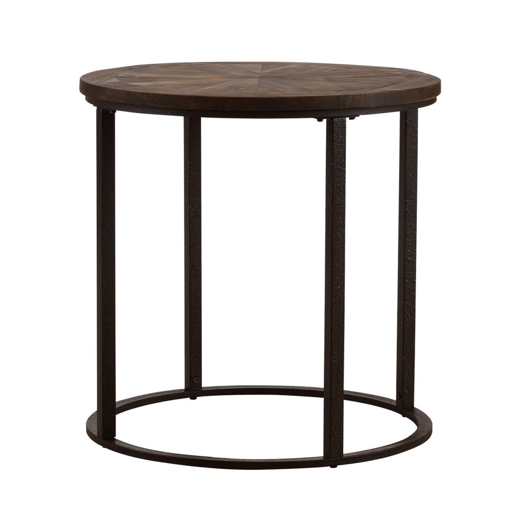 HomeRoots 24" Rustic Round End Table - Natural Wood & Industrial Iron Base with Unique Sunburst Design for Any Space 402499
