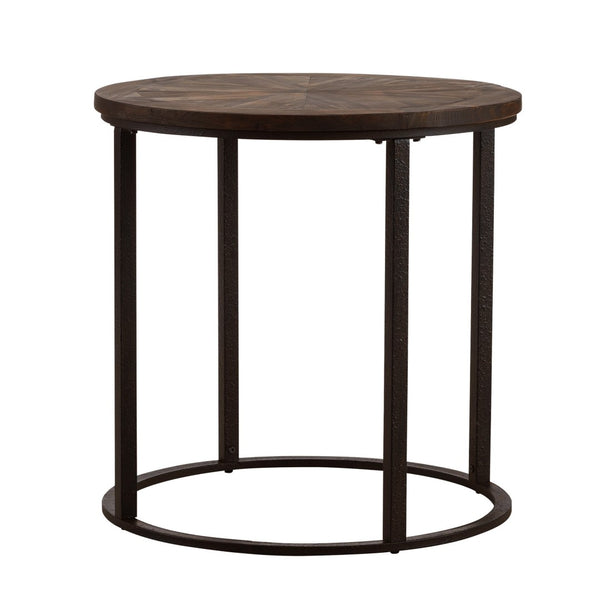 HomeRoots 24" Rustic Round End Table - Natural Wood & Industrial Iron Base with Unique Sunburst Design for Any Space 402499
