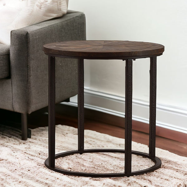 HomeRoots 24" Rustic Round End Table - Natural Wood & Industrial Iron Base with Unique Sunburst Design for Any Space 402499