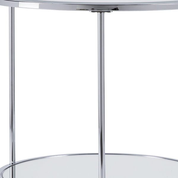 Homeroots 26" Chrome Glass And Iron Round Mirrored End Table With Shelf   402500