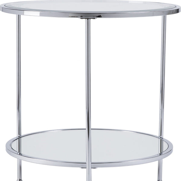 Homeroots 26" Chrome Glass And Iron Round Mirrored End Table With Shelf   402500
