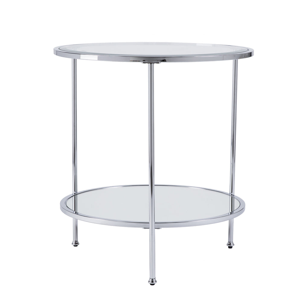 Homeroots 26" Chrome Glass And Iron Round Mirrored End Table With Shelf   402500