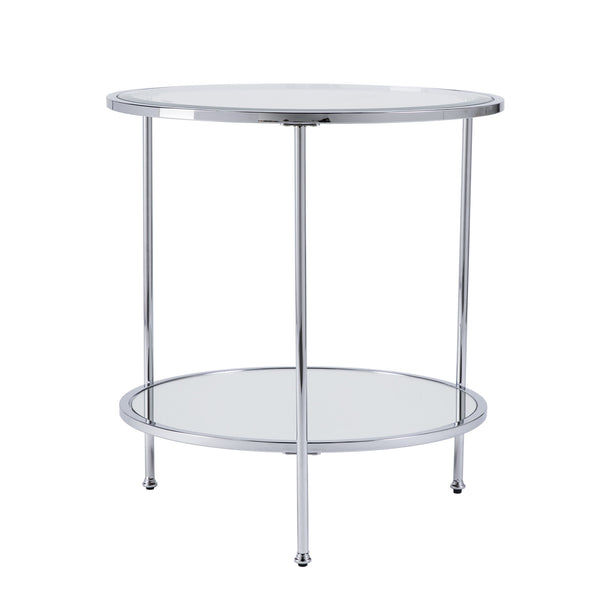 Homeroots 26" Chrome Glass And Iron Round Mirrored End Table With Shelf   402500