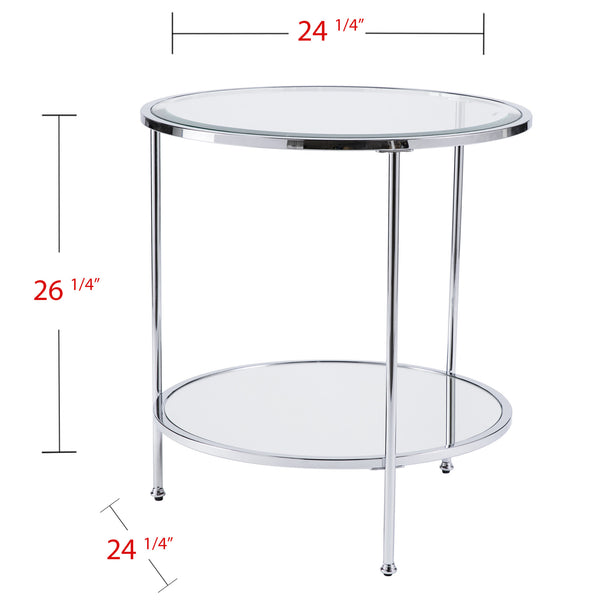 Homeroots 26" Chrome Glass And Iron Round Mirrored End Table With Shelf   402500