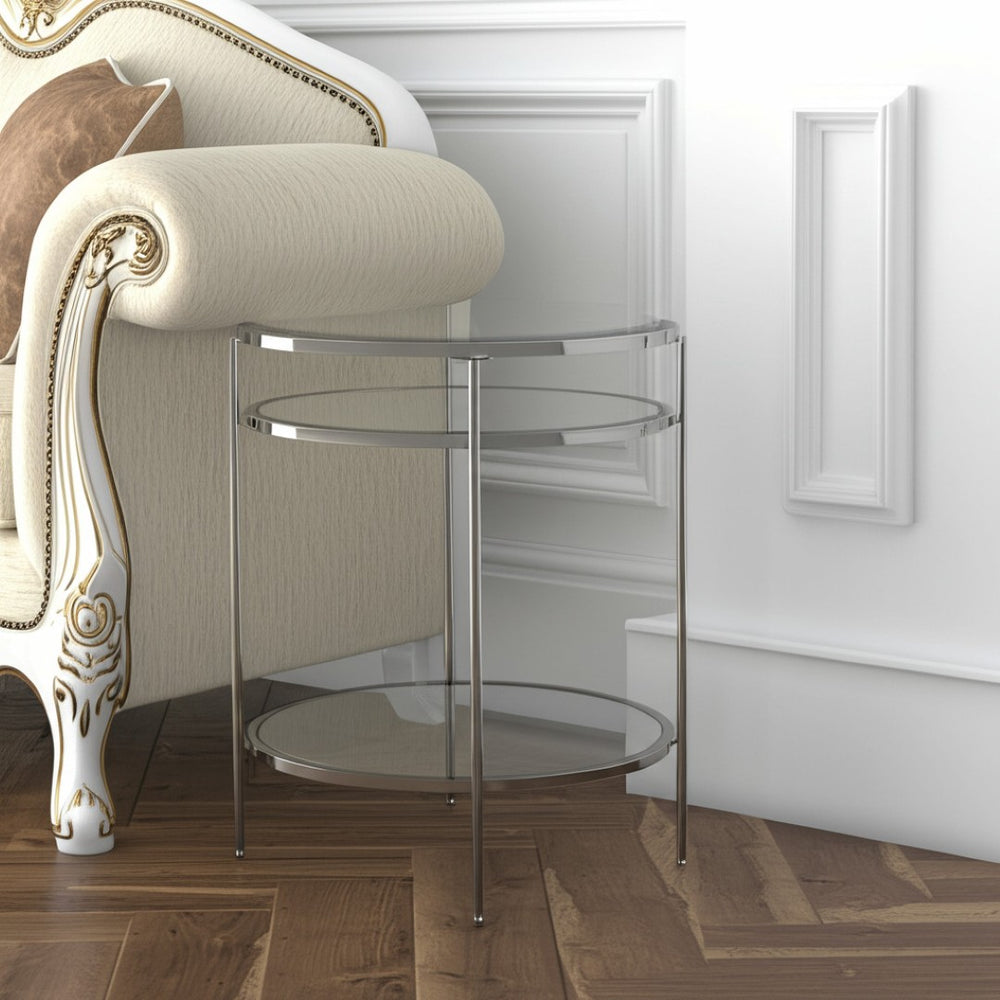 HomeRoots 26" Glamorous Chrome Glass Round End Table with Mirrored Shelf - Modern Accent for Stylish Spaces 402500