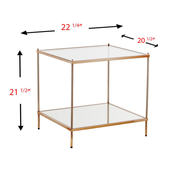 HomeRoots 22" Clear Glass and Gold Iron End Table with Mirrored Shelf - Modern Glam for Any Space! 402504