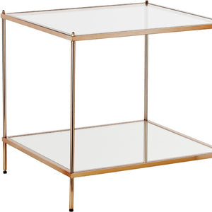 HomeRoots 22" Clear Glass and Gold Iron End Table with Mirrored Shelf - Modern Glam for Any Space! 402504