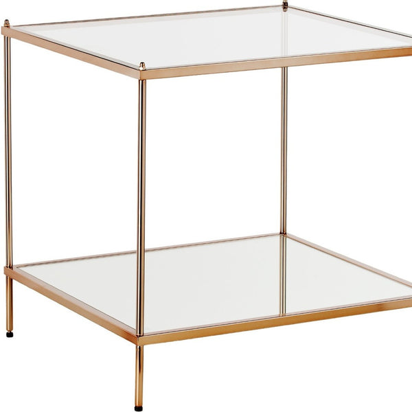 HomeRoots 22" Clear Glass and Gold Iron End Table with Mirrored Shelf - Modern Glam for Any Space! 402504