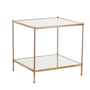 HomeRoots 22" Clear Glass and Gold Iron End Table with Mirrored Shelf - Modern Glam for Any Space! 402504
