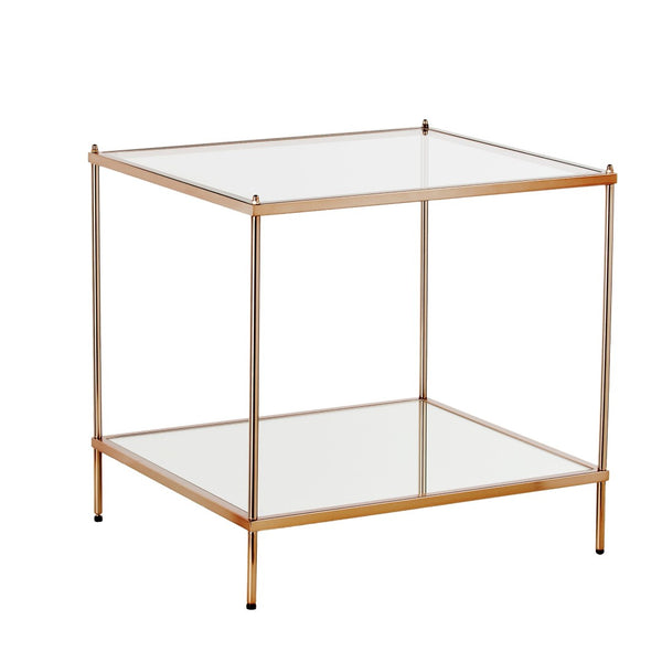 HomeRoots 22" Clear Glass and Gold Iron End Table with Mirrored Shelf - Modern Glam for Any Space! 402504