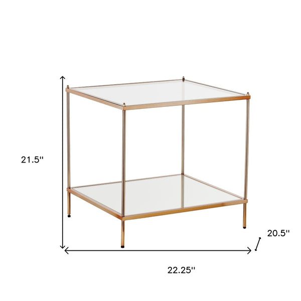 HomeRoots 22" Clear Glass and Gold Iron End Table with Mirrored Shelf - Modern Glam for Any Space! 402504