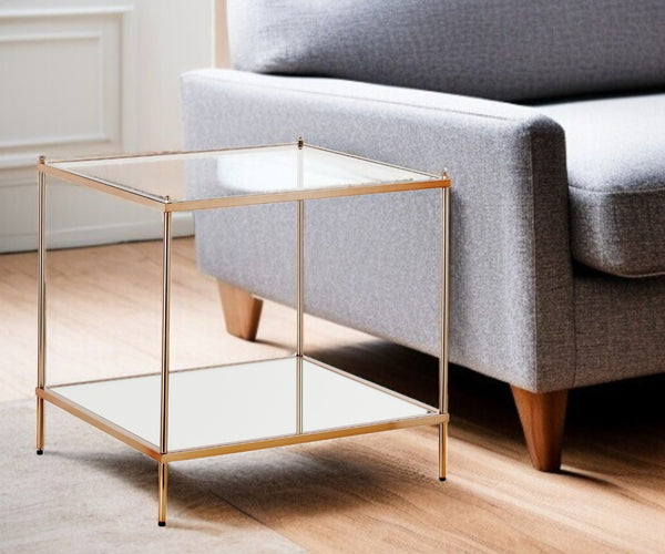 HomeRoots 22" Clear Glass and Gold Iron End Table with Mirrored Shelf - Modern Glam for Any Space! 402504
