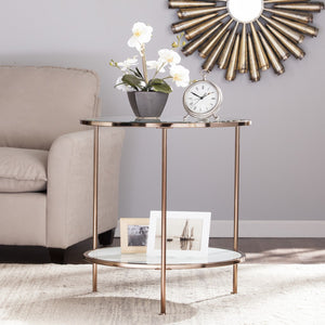 Homeroots 26" Gold Glass And Iron Round End Table With Shelf   402505