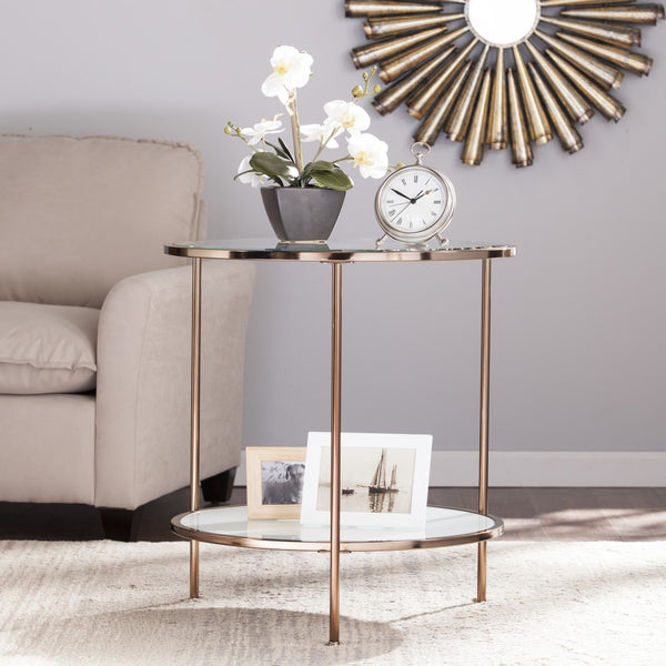Homeroots 26" Gold Glass And Iron Round End Table With Shelf   402505