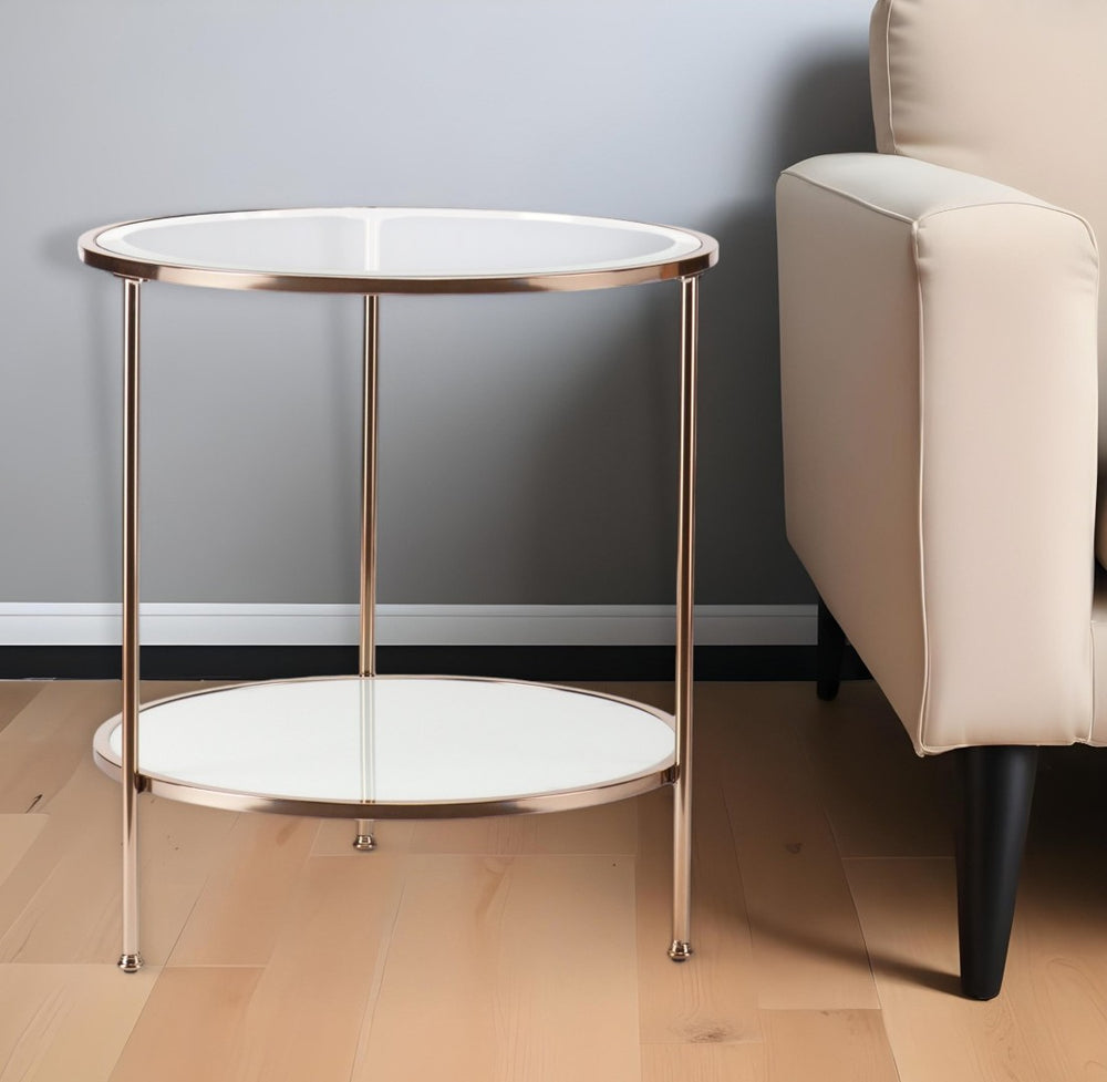 HomeRoots 26" Gold Glass and Iron Round End Table - Modern Glam Accent with Shelf for Living Room or Entryway 402505