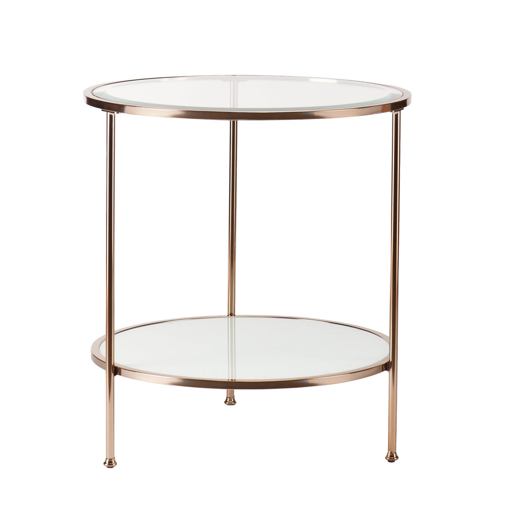 Homeroots 26" Gold Glass And Iron Round End Table With Shelf   402505