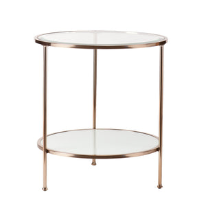 Homeroots 26" Gold Glass And Iron Round End Table With Shelf   402505