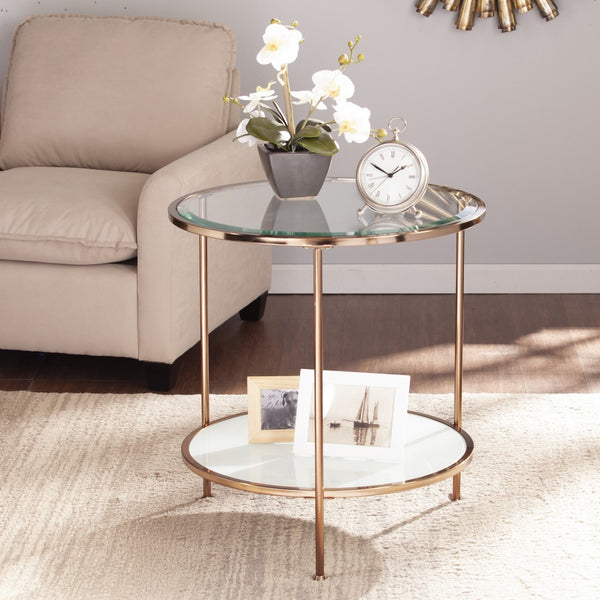 Homeroots 26" Gold Glass And Iron Round End Table With Shelf   402505