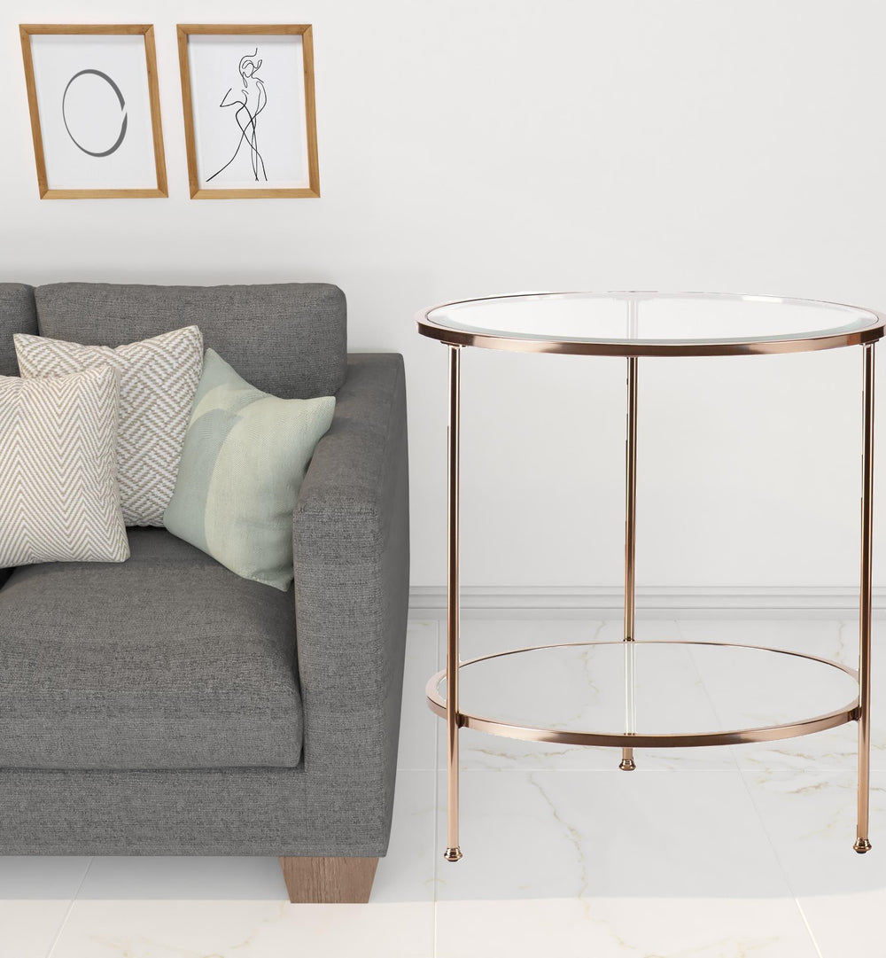 Homeroots 26" Gold Glass And Iron Round End Table With Shelf   402505