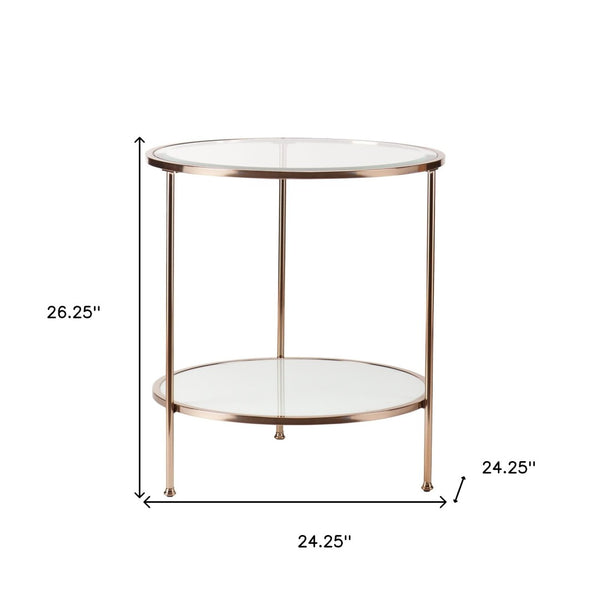 HomeRoots 26" Gold Glass and Iron Round End Table - Modern Glam Accent with Shelf for Living Room or Entryway 402505