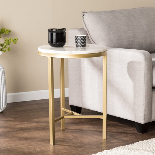HomeRoots 24" Marble Look End Table with Champagne Iron Base - Elegant, Durable & Perfect for Small Spaces 402506
