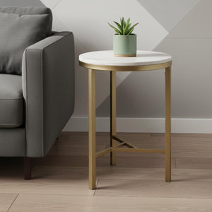 HomeRoots 24" Marble Look End Table with Champagne Iron Base - Elegant, Durable & Perfect for Small Spaces 402506