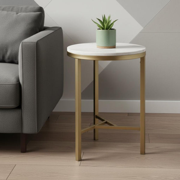 HomeRoots 24" Marble Look End Table with Champagne Iron Base - Elegant, Durable & Perfect for Small Spaces 402506